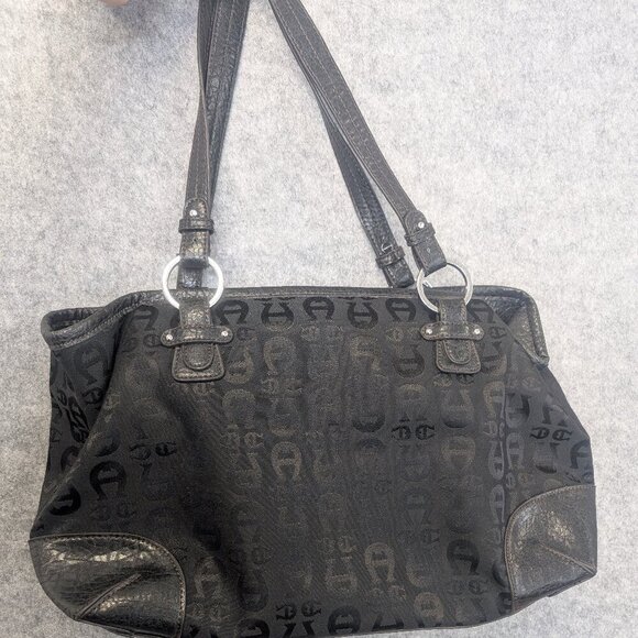 Etienne Aigner - Black Leather Canvas Handbag Totebag Purse - Picture 5 of 14